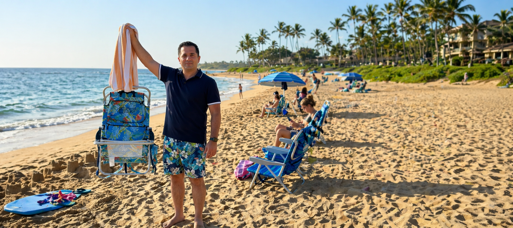 Man on a beach holding a towel with chairs and umbrellas in the background